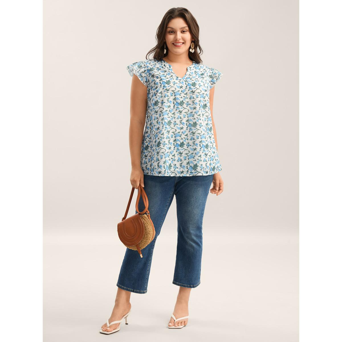 Plus Size LightBlue Embroidered Floral Split Neck Tank Top Women Short sleeve Flat collar with V-notch Vacation Blouses BloomChic 30/6X Product Image