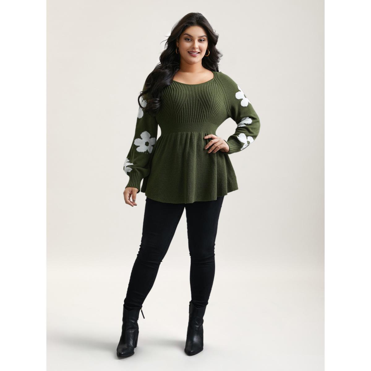 Plus Size Floral Patch Jacquard Cinched Waist Pullover ArmyGreen Women Timeless Bodycon Long Sleeve Square Neck Elegant Pullovers BloomChic 14-16/1X Product Image