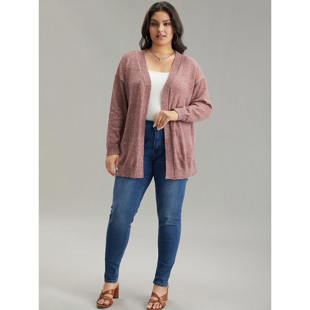 Plus Size Solid Heather Elastic Cuffs Cardigan Maroon Women Casual Loose Long Sleeve Everyday Cardigans BloomChic 12/L Product Image