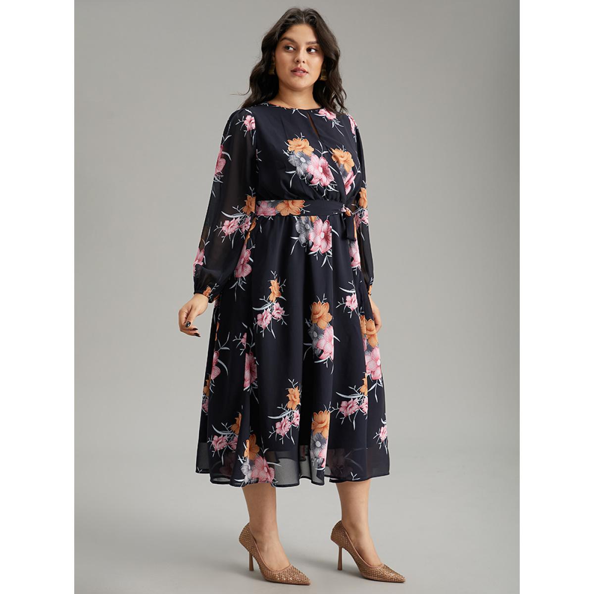 Plus Size Chiffon Floral Print Keyhole Belted Pocket Dress DarkBlue Women Elegant Elastic cuffs Keyhole Cut-Out Long Sleeve Curvy Midi Dress BloomChic 14-16/1X Product Image