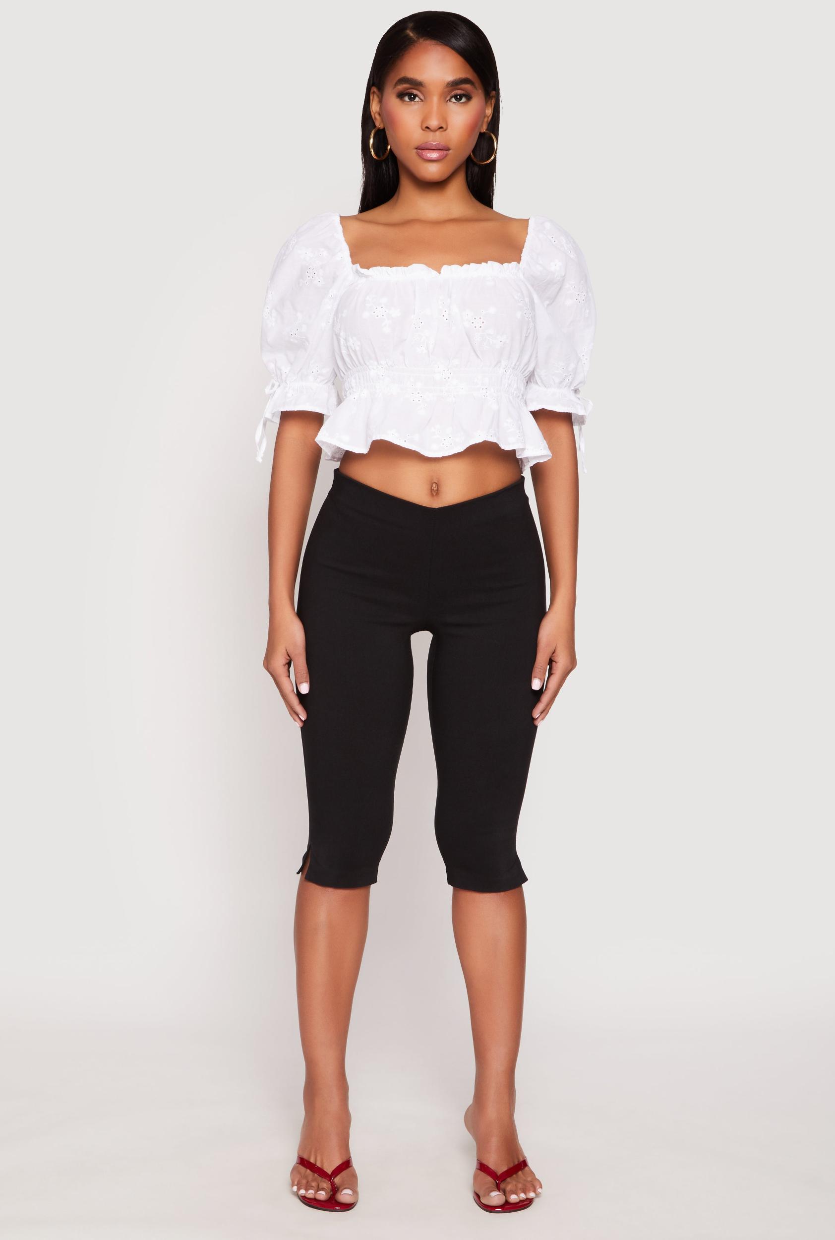 Womens Eyelet Puff Sleeve Peplum Crop Top Product Image