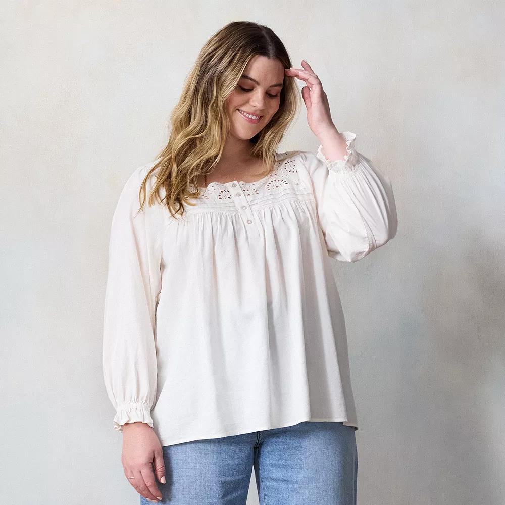 Plus Size LC Lauren Conrad Henley Square Neck Peasant Top, Women's, Size: 4XL, Ivory Silk Product Image