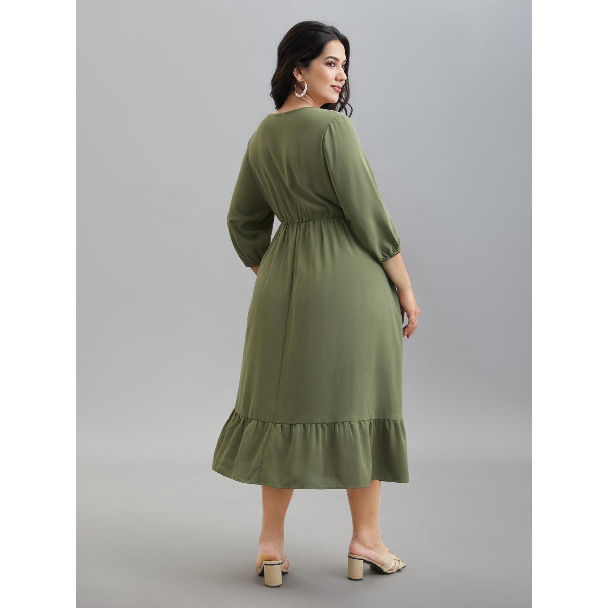 Plus Size Lantern Sleeve V-Neck Tiered Midi Dress Sage Women Elegant Tie knot V-neck Elbow-length sleeve Curvy BloomChic 22-24/3X Product Image