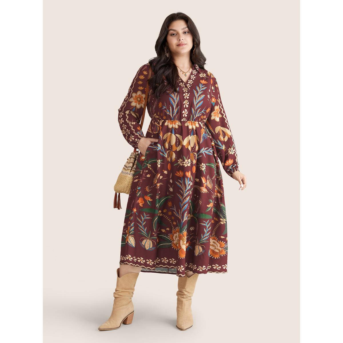 Plus Size Bandana Print Pocket Lapel Collar Elastic Cuffs Dress Scarlet Women Resort Non V-neck Long Sleeve Curvy Midi Dress BloomChic 14-16/1X Product Image
