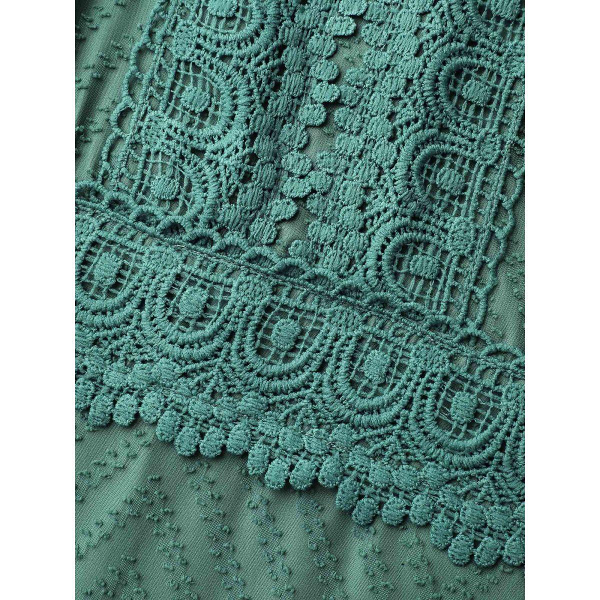 Plus Size Sheer Textured Lace Detail Pockets Midi Dress Teal Women Elegant Woven ribbon&lace trim V-neck Long Sleeve Curvy BloomChic 30/6X Product Image