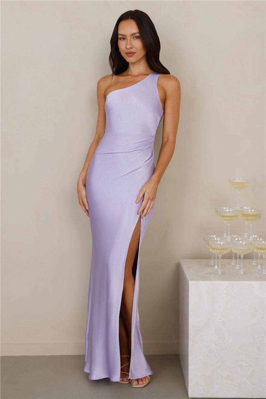 The Aurora One Shoulder Satin Maxi Dress Lilac Product Image
