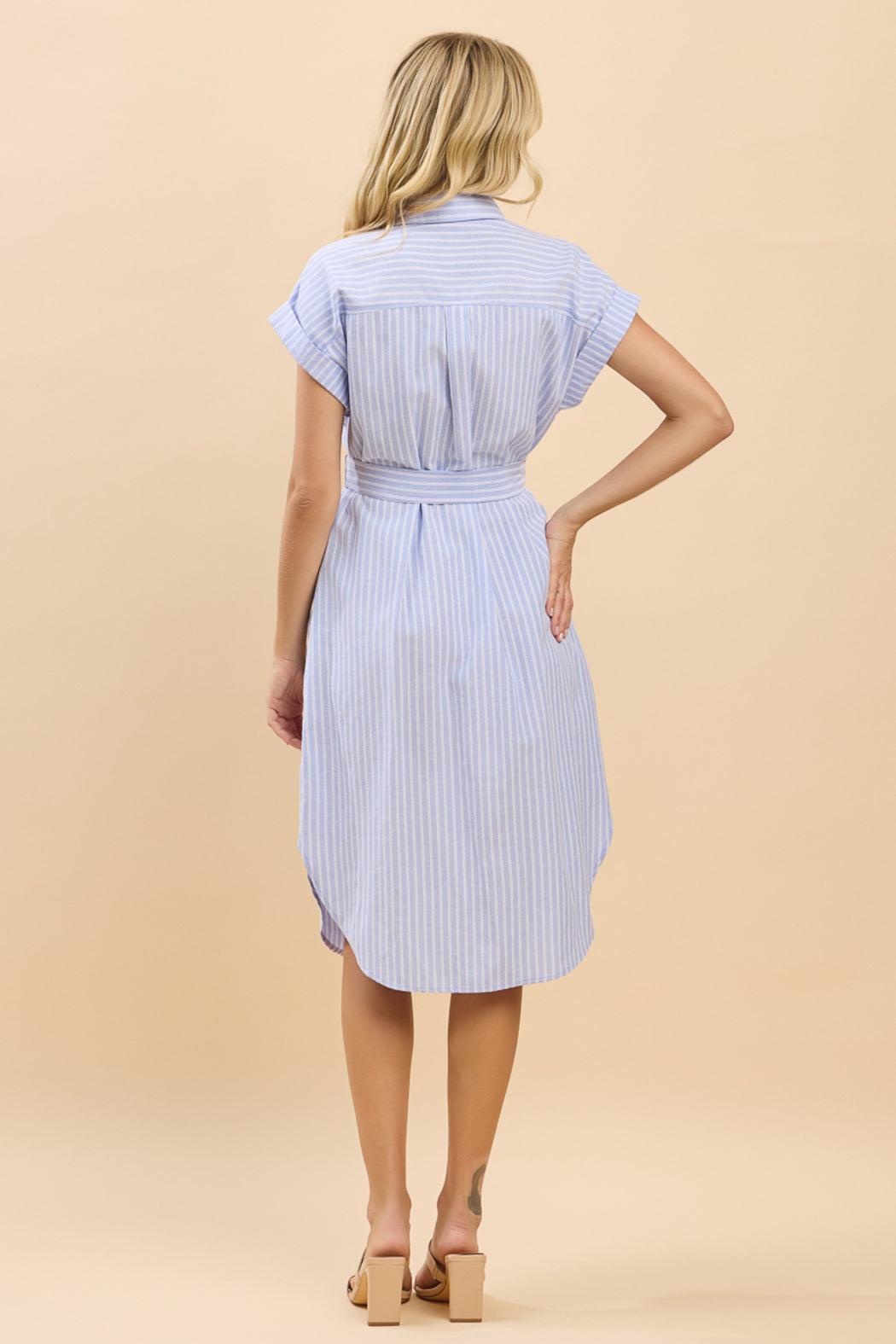 Cap Sleeve Striped Shirt Midi Dress With Waist Tie Product Image