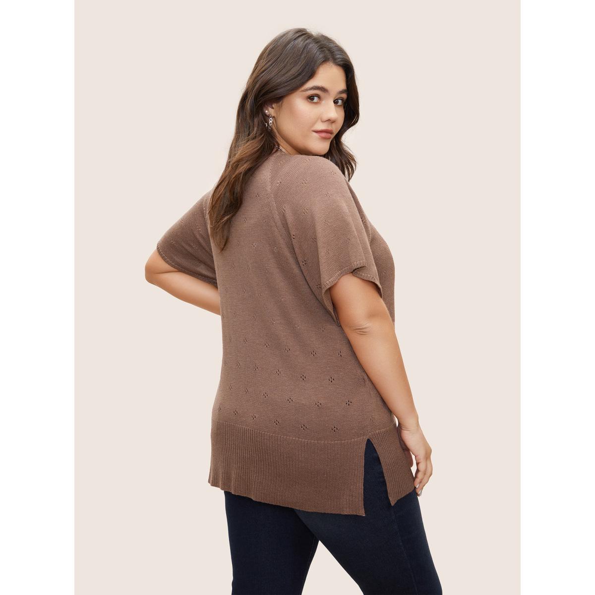 Plus Size Supersoft Essentials Wrap Split Hem Pullover DarkBrown Women Casual Short sleeve V-neck Everyday Pullovers BloomChic 28/5X Product Image
