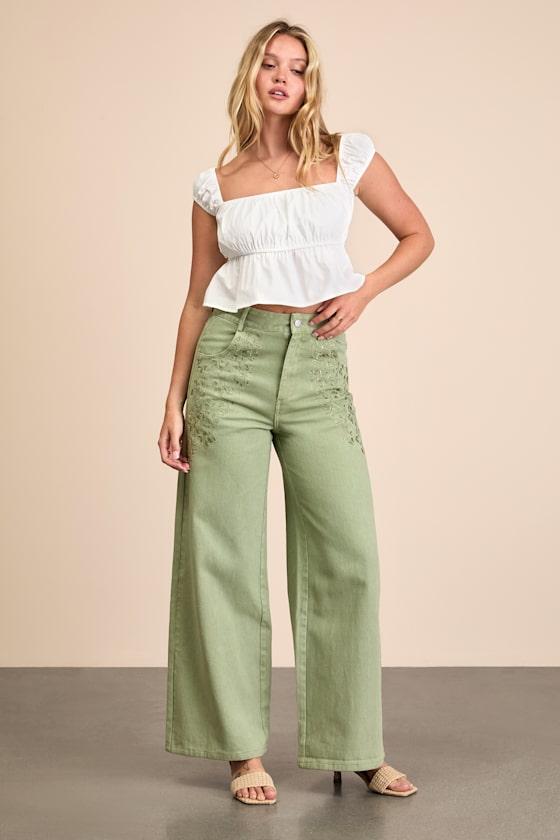 Ronnie Sage Green Twill Embroidered Wide-Leg Pants Product Image