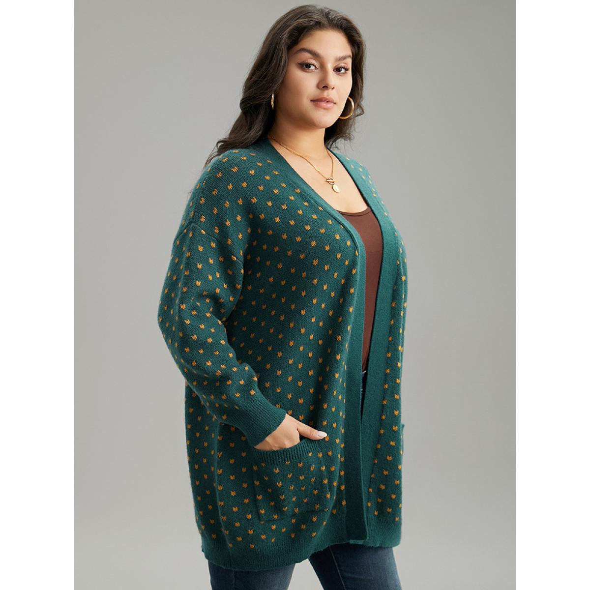 Plus Size Anti-Pilling Geometric Pocket Open Front Cardigan Cyan Women Casual Loose Long Sleeve Everyday Cardigans BloomChic 10/M Product Image