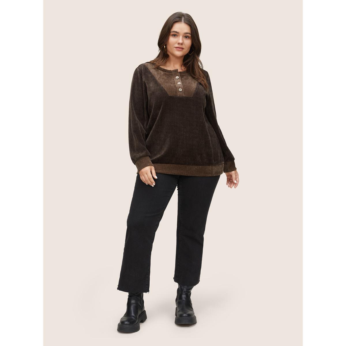 Plus Size Chenille Plisse Patchwork Button Detail Sweatshirt Women DarkBrown Casual Texture Round Neck Everyday Sweatshirts BloomChic 30/6X Product Image