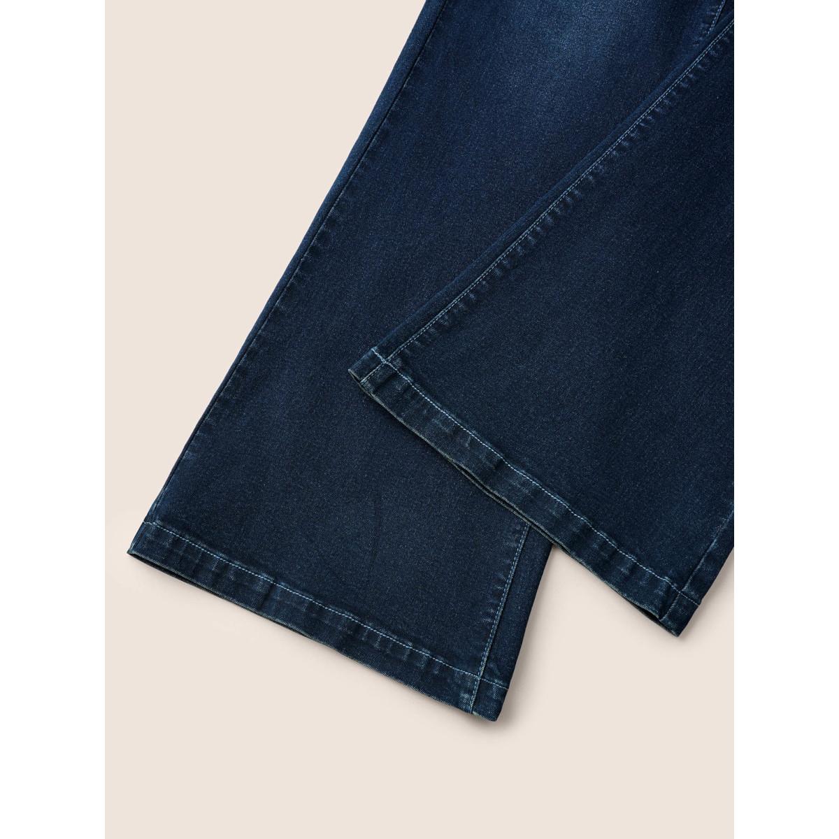 Plus Size Elastic Waist Flare Leg Dark Wash Jeans Women Indigo Casual Plain Non High stretch Slanted pocket Jeans BloomChic 26/4X Product Image