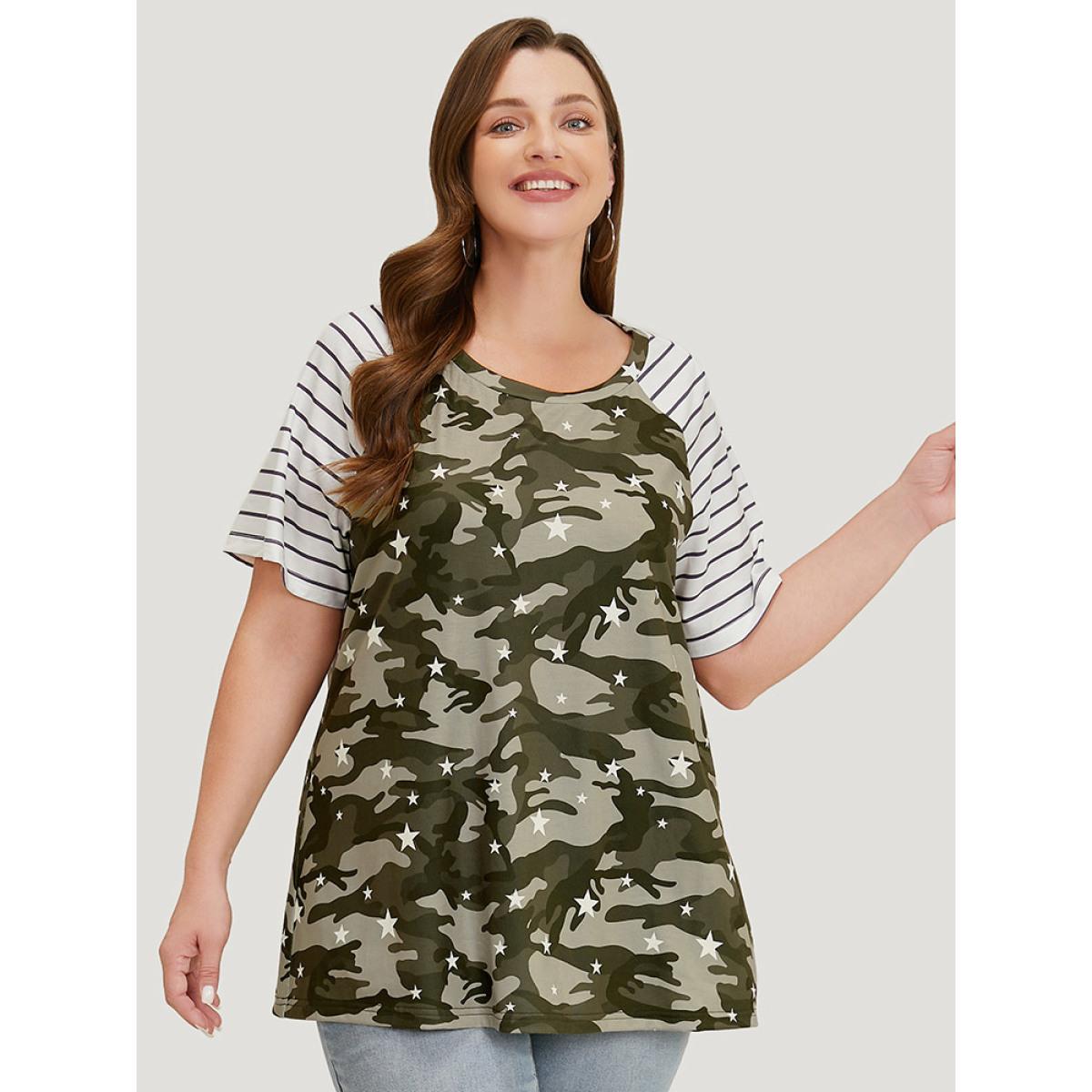 Plus Size Camo & Striped Print Raglan Sleeve T-shirt Multicolor Women Casual Contrast Camo Round Neck Dailywear T-shirts BloomChic 28/5X Product Image