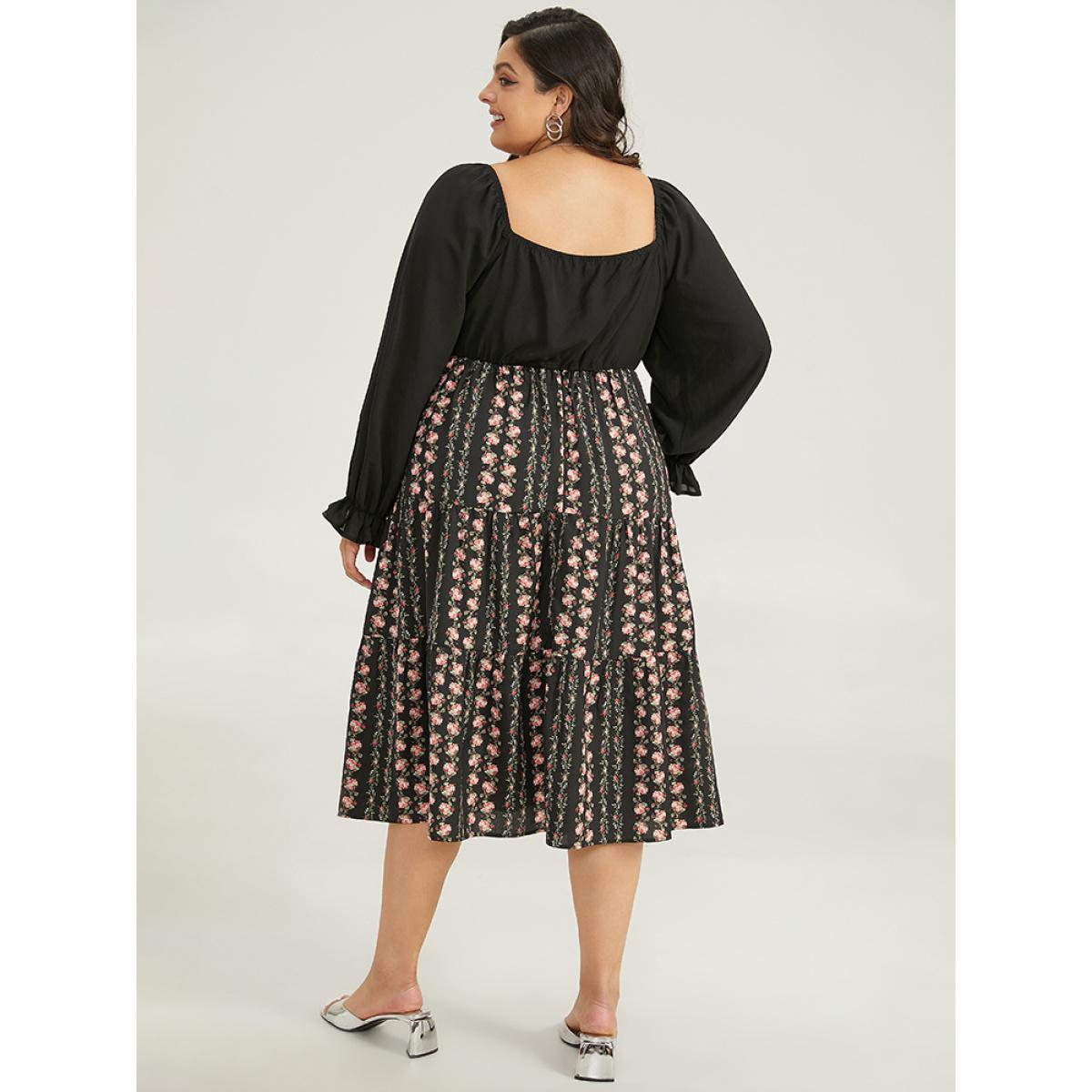 Plus Size Floral Ruffle Layered Hem Square Neck Dress Black Women Office Elastic cuffs Square Neck Long Sleeve Curvy Midi Dress BloomChic 30/6X Product Image