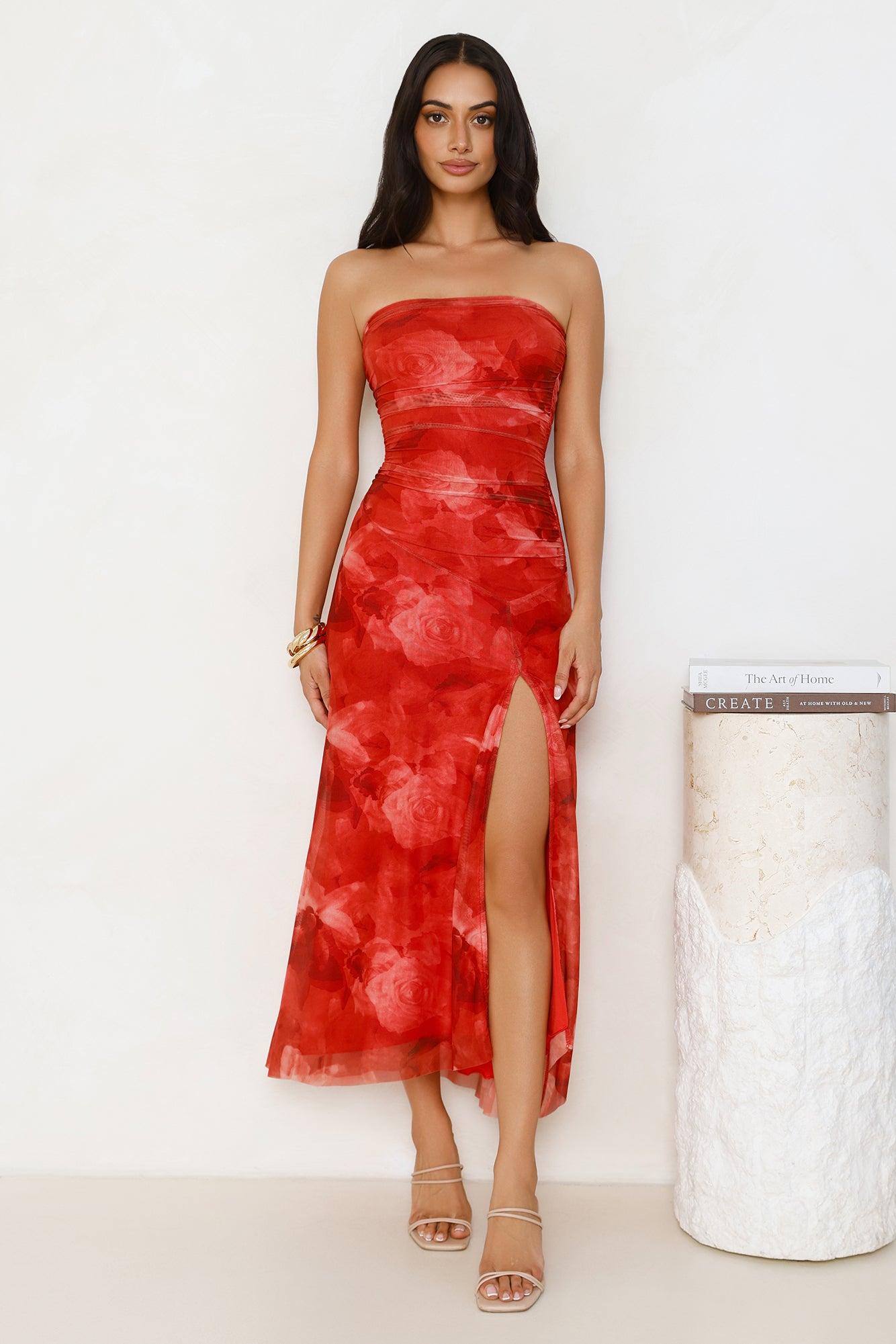 Dollhouse Daze Strapless Mesh Maxi Dress Red Product Image