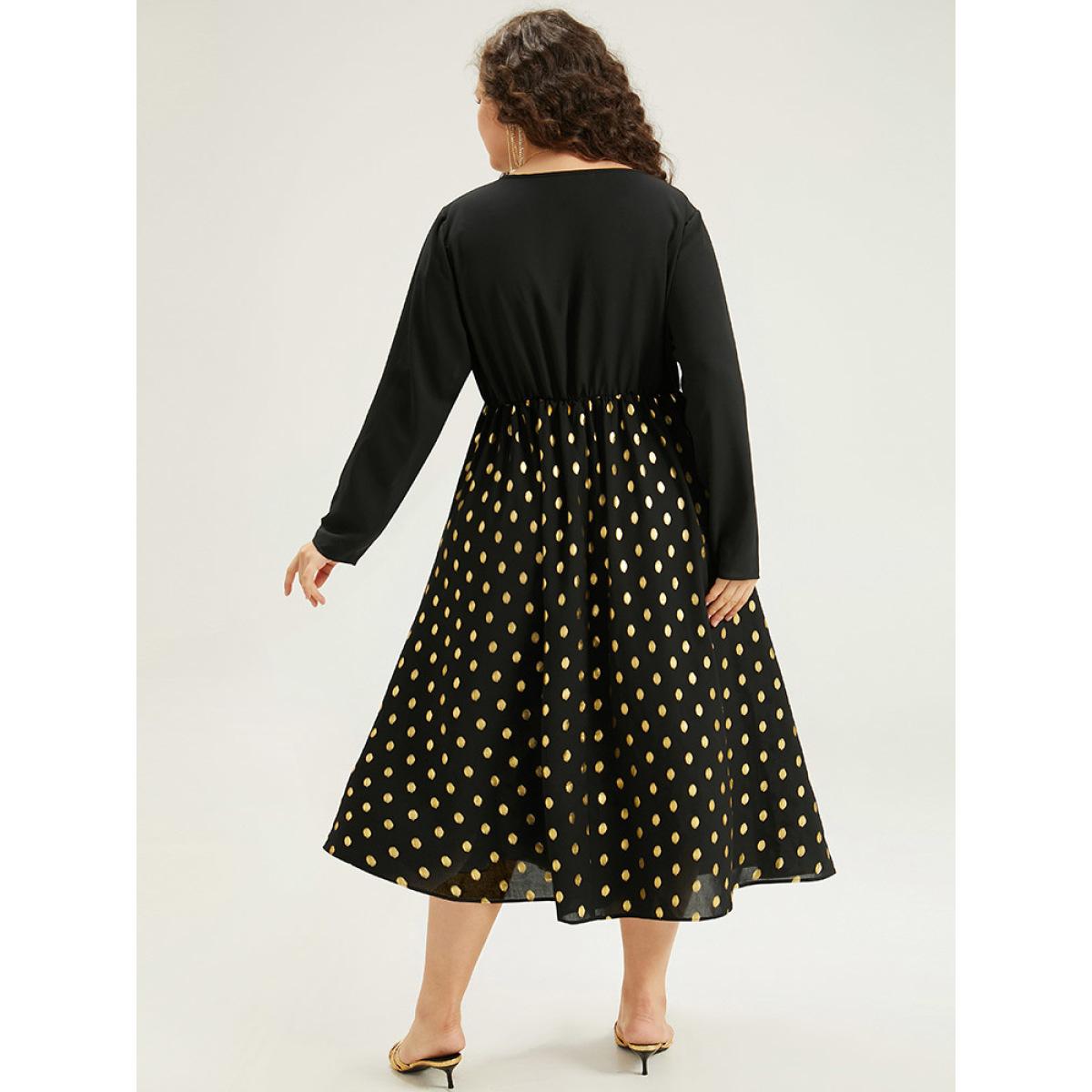 Plus Size Glitter Polka Dot Pocket V Neck Dress Black Women Glamour Printed V-neck Long Sleeve Curvy Midi Dress BloomChic 18-20/2X Product Image