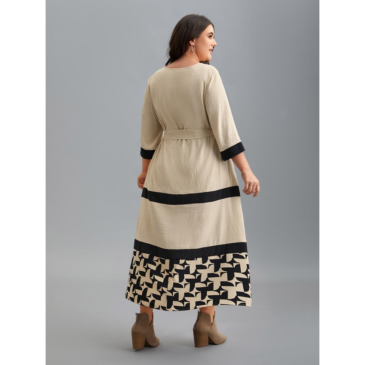 Plus Size Color-Block Belted Pockets Midi Dress Apricot Women Casual Texture Round Neck Elbow-length sleeve Curvy BloomChic 12/L Product Image