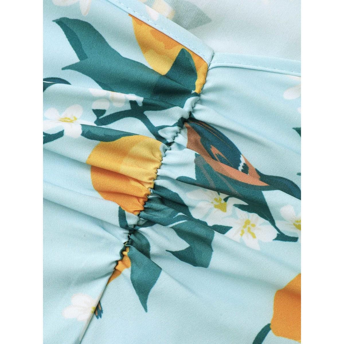 Plus Size Citrus Print Sweetheart Neckline Midi Dress LightBlue Women Gathered Heart neckline Short sleeve Curvy BloomChic 18-20/2X Product Image