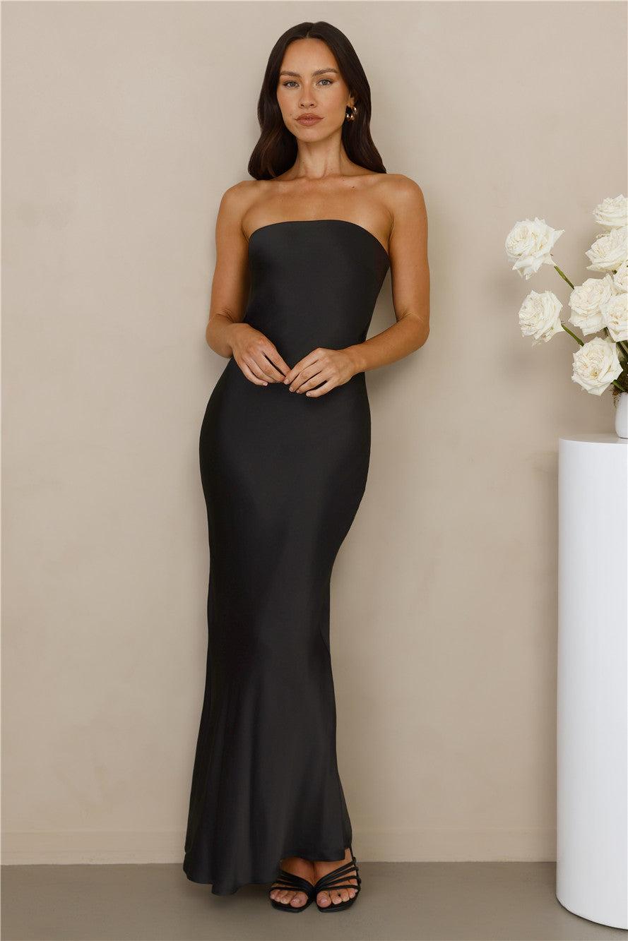 The Felicity Strapless Satin Maxi Dress Black Product Image