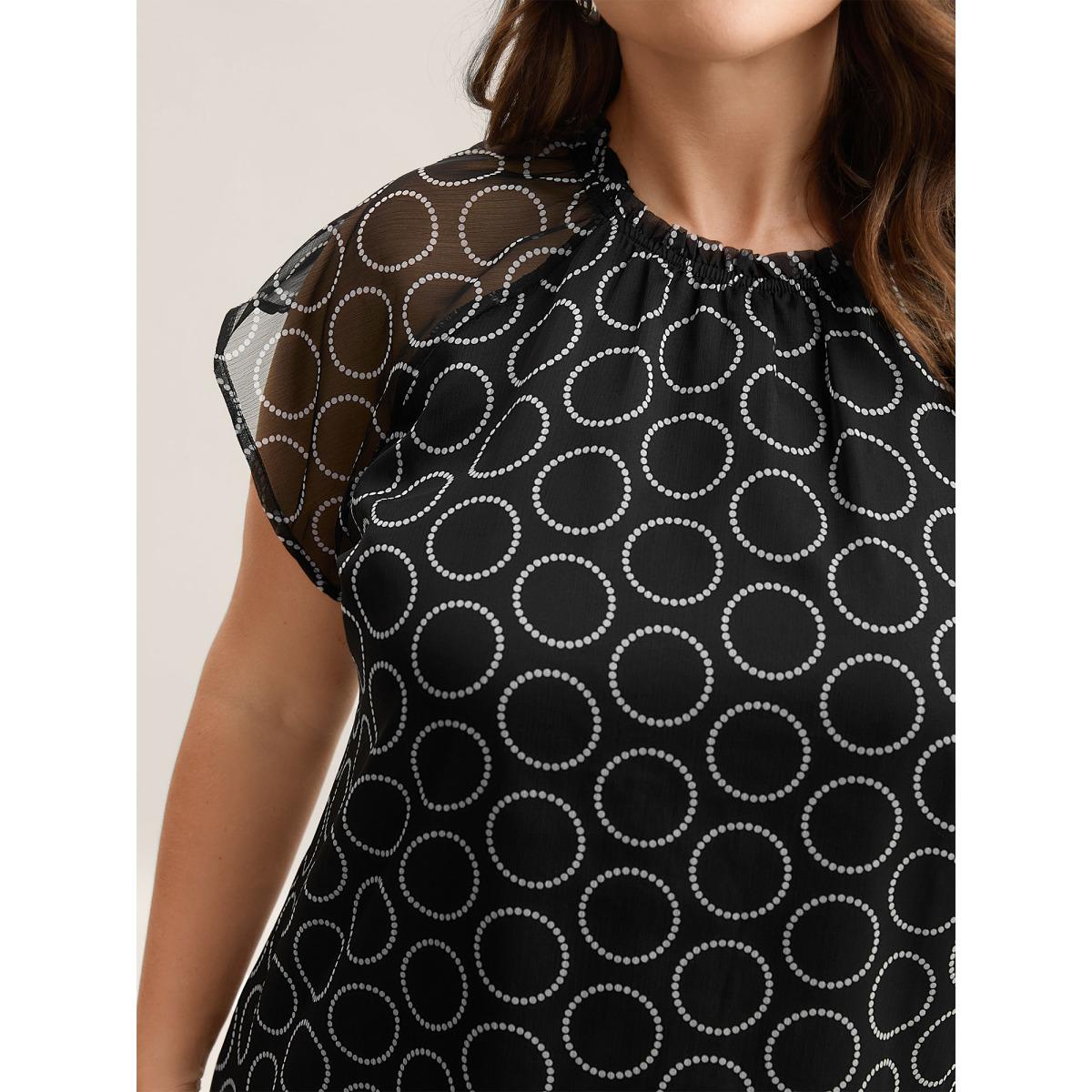 Plus Size Black Polka Dot Mock Neck Mesh Patchwork Blouse Women Workwear Essentials Cap Sleeve Round Neck Work Blouses BloomChic 10/M Product Image