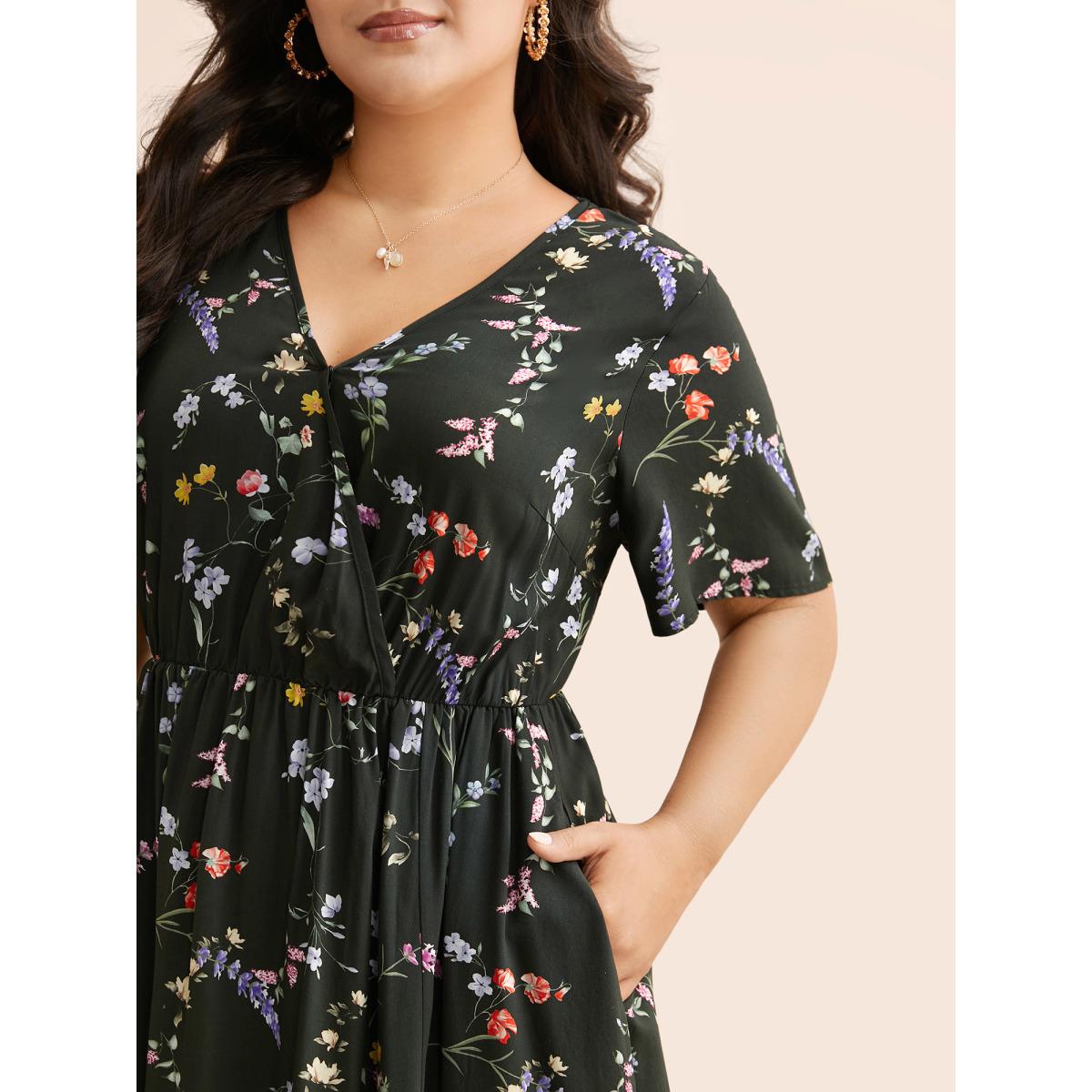 Plus Size Floral Wrap Ruffle Sleeve Dress DarkGreen Women Elegant Slit Overlap Collar Short sleeve Curvy BloomChic 12/L Product Image