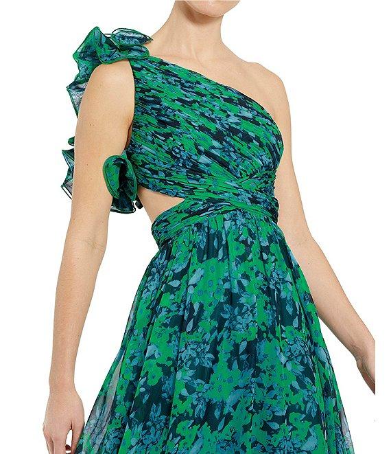 Mac Duggal Floral Print One Shoulder Tiered Ruffled Cut-Out Gown Product Image