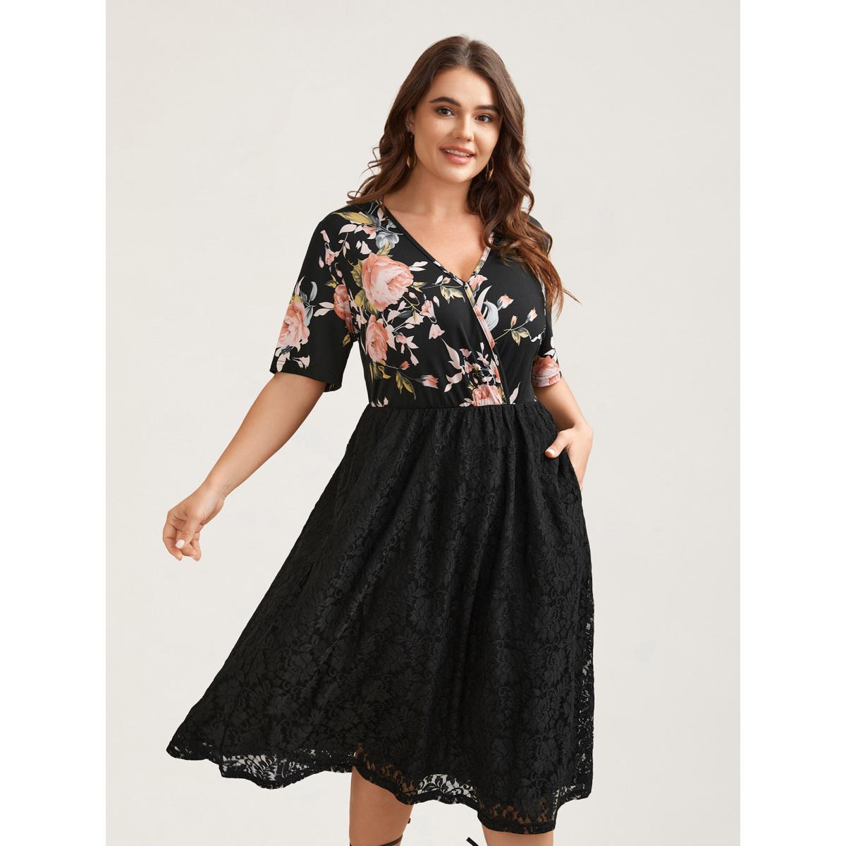 Plus Size Floral Panel Surplice Pockets Midi Dress Black Women Elegant Texture Overlap Collar Short sleeve Curvy BloomChic 12/L Product Image