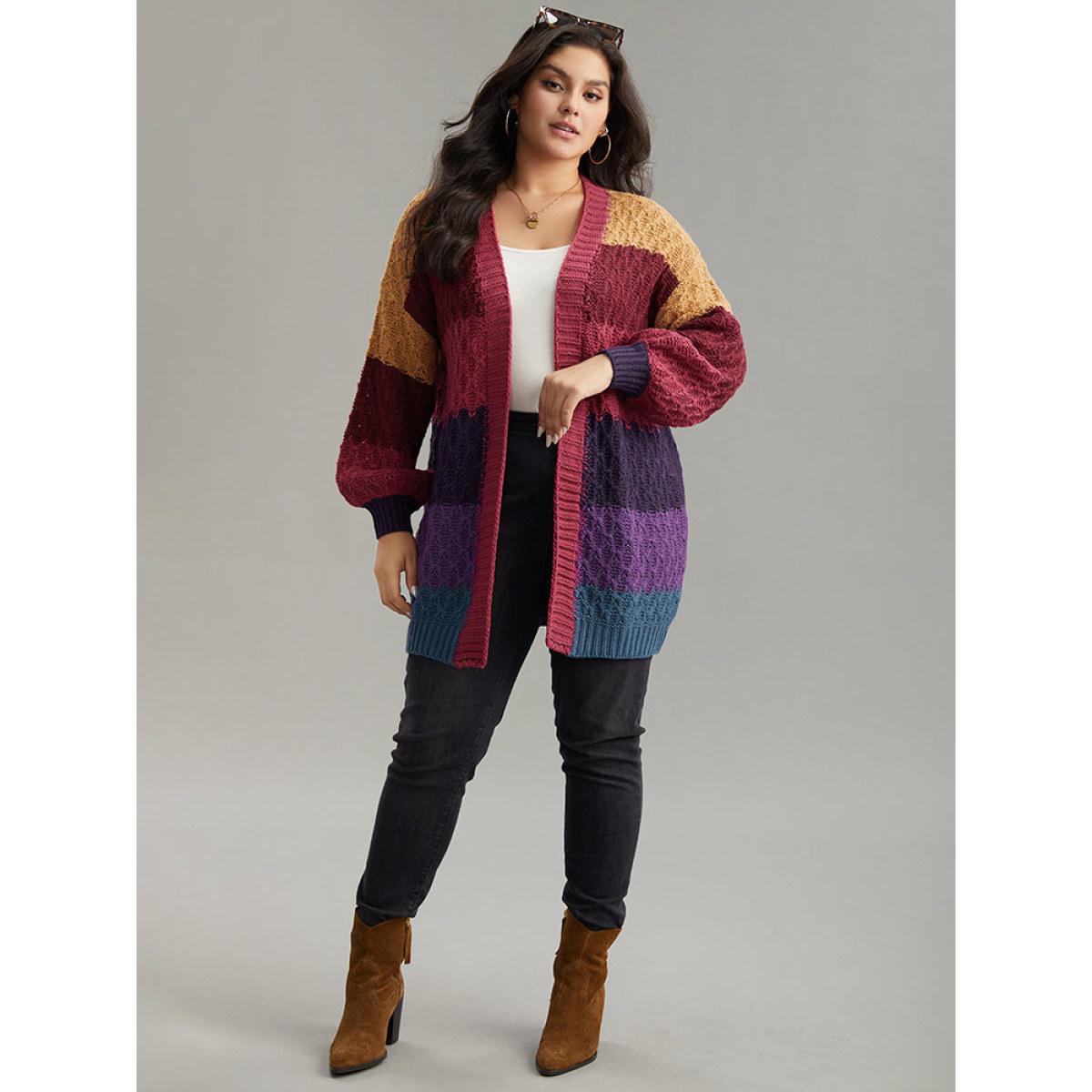Plus Size Rainbow Colorblock Lantern Sleeve Cardigan Multicolor Women Casual Loose Long Sleeve Dailywear Cardigans BloomChic 10/M Product Image