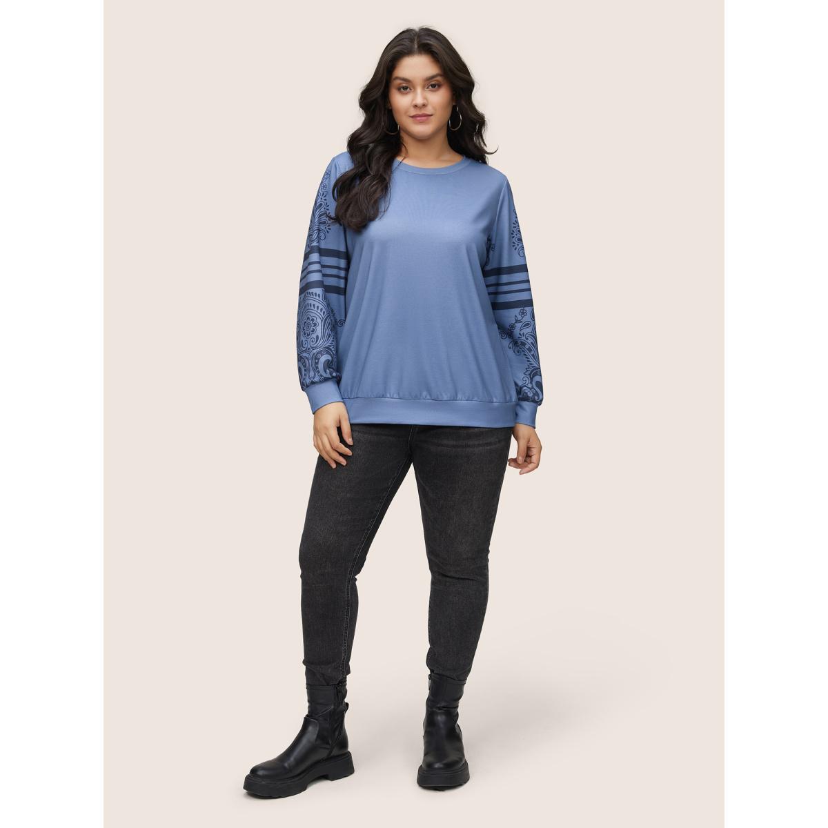 Plus Size Bandana Paisley Print Crew Neck Sweatshirt Women Cerulean Casual Printed Round Neck Dailywear Sweatshirts BloomChic 22-24/3X Product Image