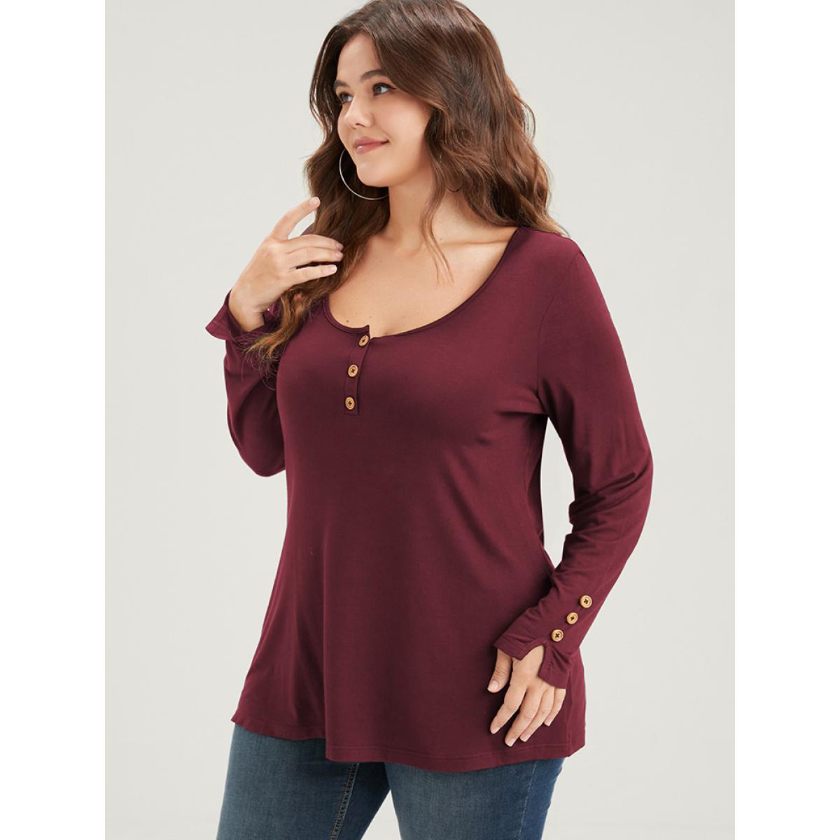 Plus Size Plain Button Front Scoop Neck Modal Long Tee Scarlet Women Elegant Button Plain Scoop Neck Bodycon Dailywear T-shirts BloomChic 18-20/2X Product Image