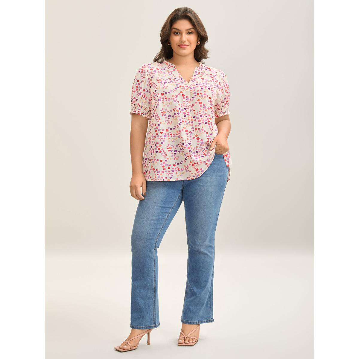 Plus Size Ivory Pretty Polka Dots Shirred Sleeve Shirt Women Short sleeve Notched collar Elegant Blouses BloomChic 14-16/1X Product Image