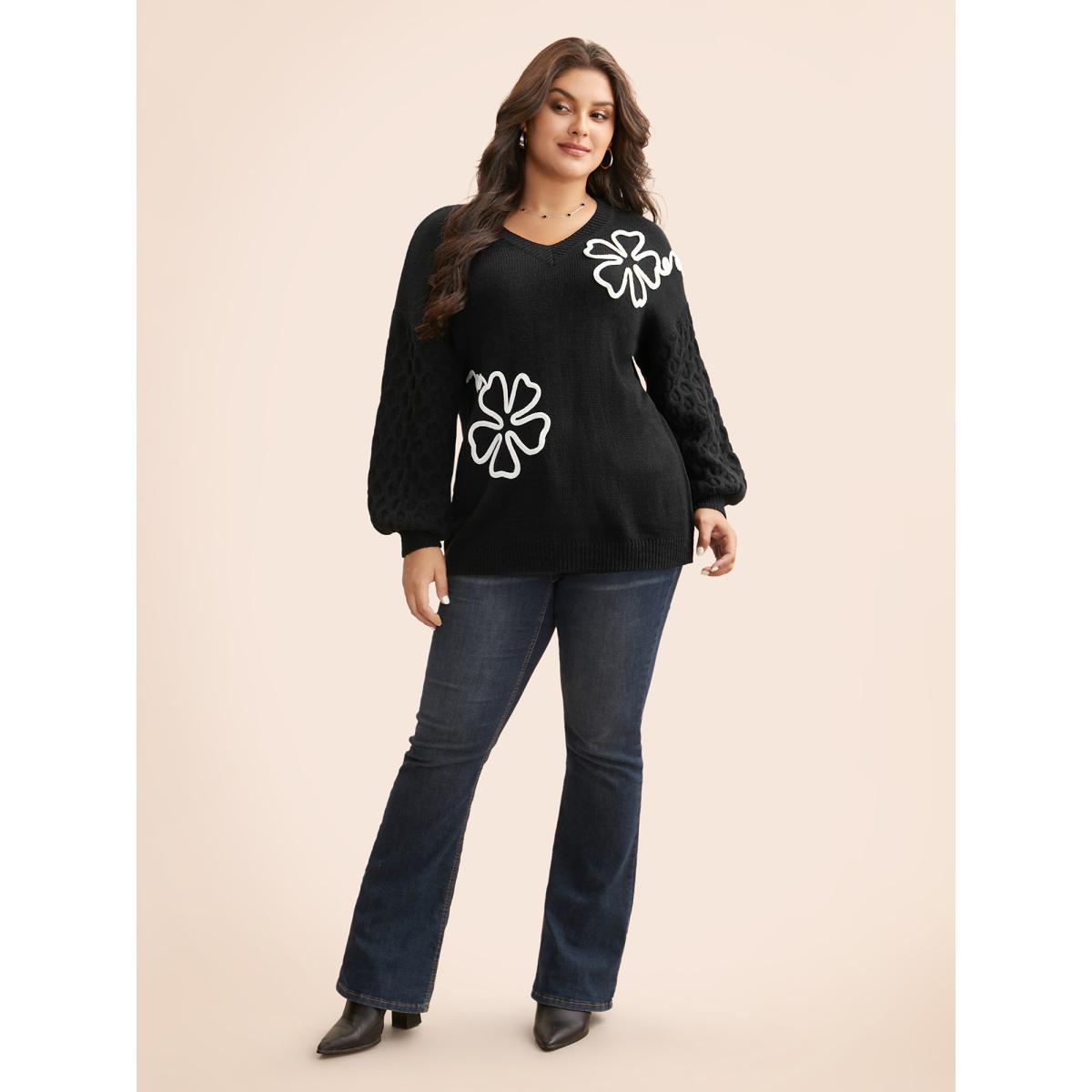 Plus Size Crochet Floral Texture V Neck Pullover Black Women Casual Loose Long Sleeve V-neck Everyday Pullovers BloomChic 10/M Product Image