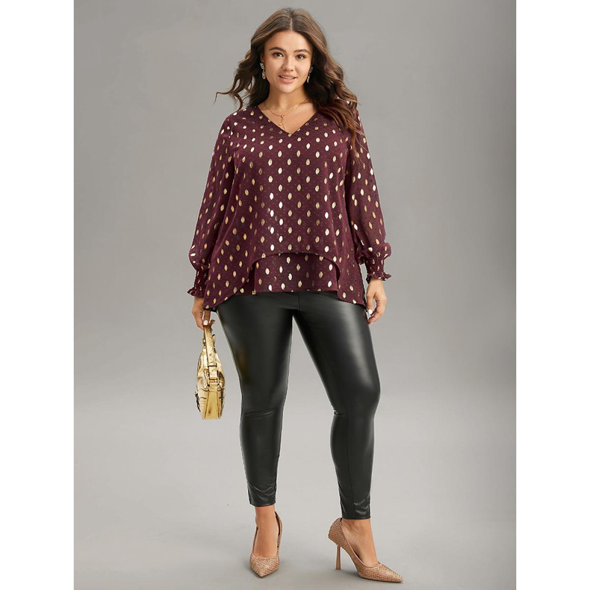 Plus Size Scarlet Glitter Polka Dot Textured Shirred Tiered Blouse Women Glamour Long Sleeve V-neck Party Blouses BloomChic 30/6X Product Image