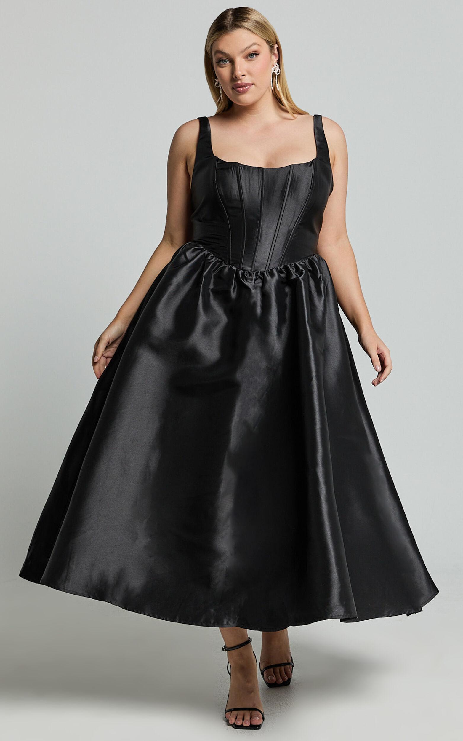 Courtney Midi Dress - Corset Panel Low Back Dress in Black Product Image