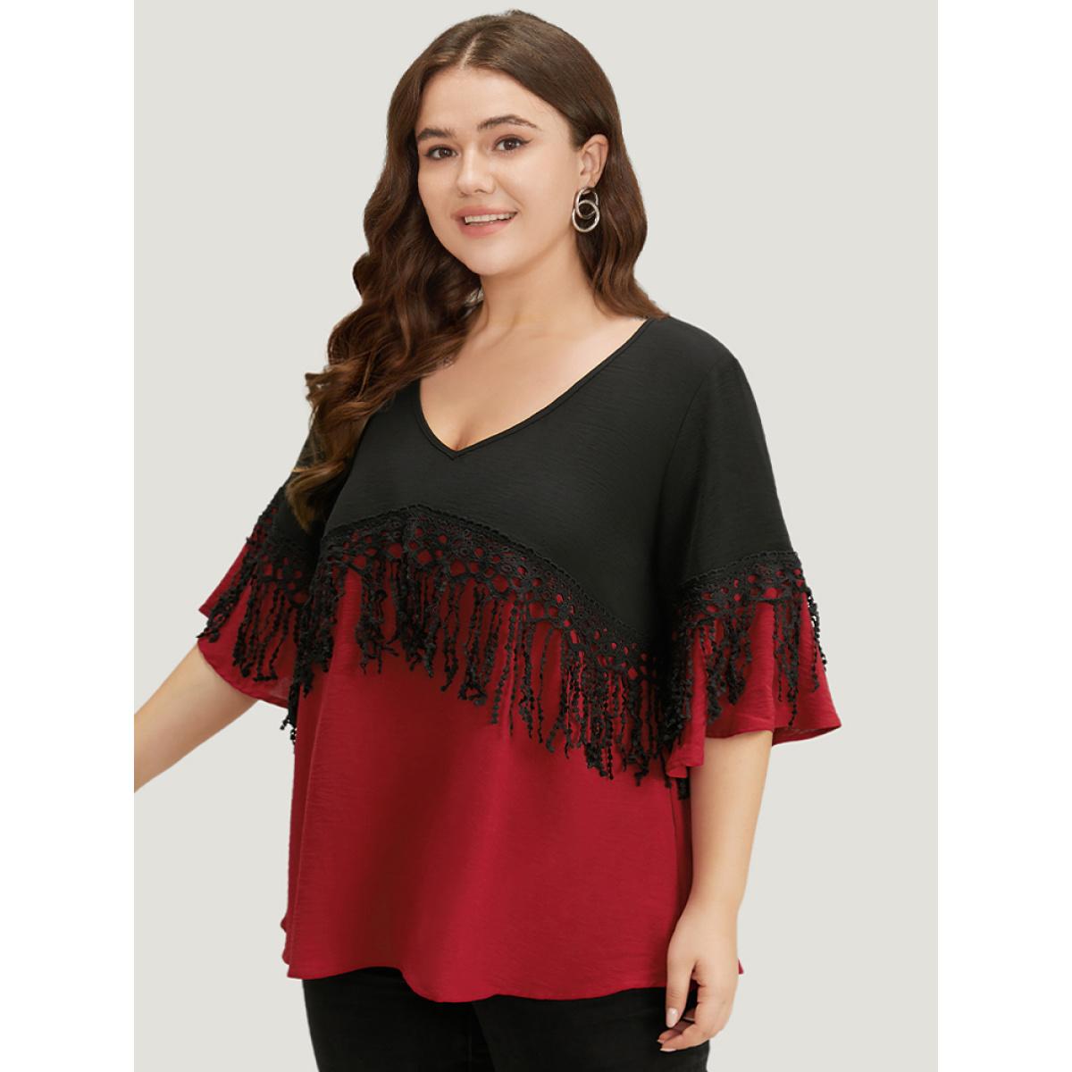 Plus Size Black Halloween Two Tone Fringe Trim Patchwork Blouse Women Elegant Short sleeve V-neck Festival-Halloween Blouses BloomChic 22-24/3X Product Image