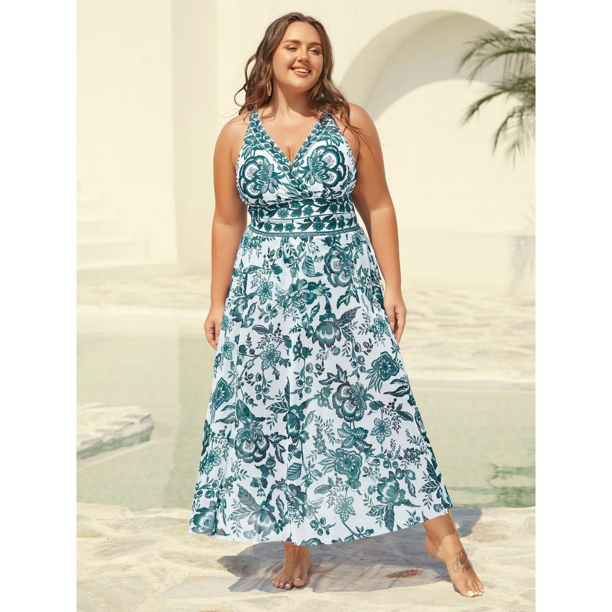 Plus Size Two-Piece Floral Print Ruched Mesh Swimsuit, Sarong Women's Swimwear Cyan Resort Gathered Curve Bathing Suits High stretch One Pieces BloomChic 14-16/1X Product Image