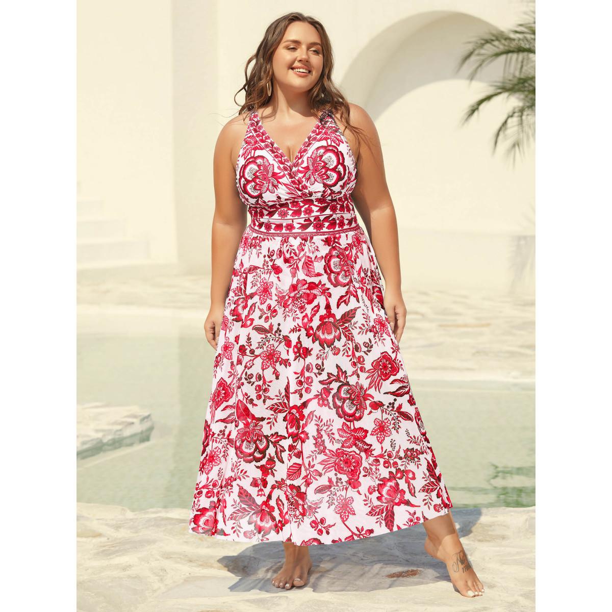 Plus Size Two-Piece Floral Print Ruched Mesh Swimsuit, Sarong Women's Swimwear Scarlet Resort Gathered Curve Bathing Suits High stretch One Pieces BloomChic 10/M Product Image