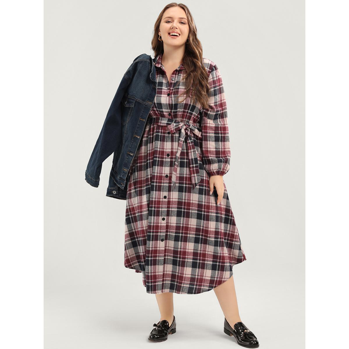 Plus Size Plaid Shirt Collar Pocket Belted Lantern Sleeve Button Up Dress Burgundy Women Elegant Shirt collar Long Sleeve Curvy Midi Dress BloomChic 28/5X Product Image