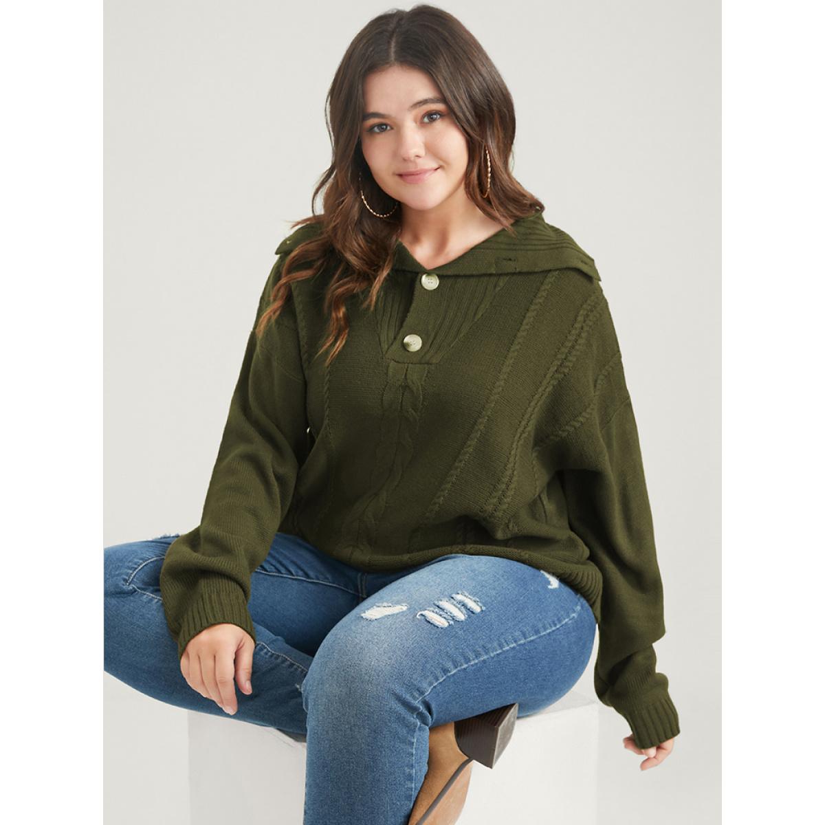 Plus Size Solid Pointelle Knit Button Lapel Collar Cable Knit Top DarkGreen Women Elegant Long Sleeve Lapel Collar Dailywear Pullovers BloomChic 10/M Product Image