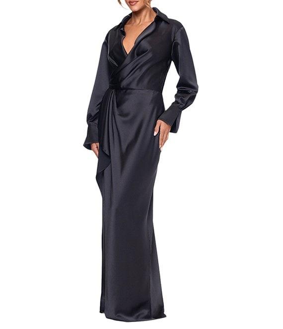 Xscape Petite Size Long Sleeve Collared V-Neck Satin Dress Product Image