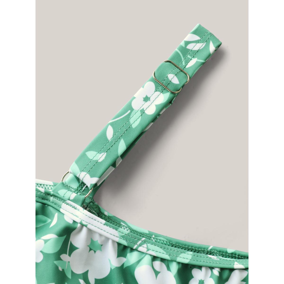 Plus Size Ditsy Floral Print Ruffled Swim Dress Women's Swimwear Greenbean Beach Bodycon One-shoulder neck High stretch Curve Swim Dresses BloomChic 12/L Product Image