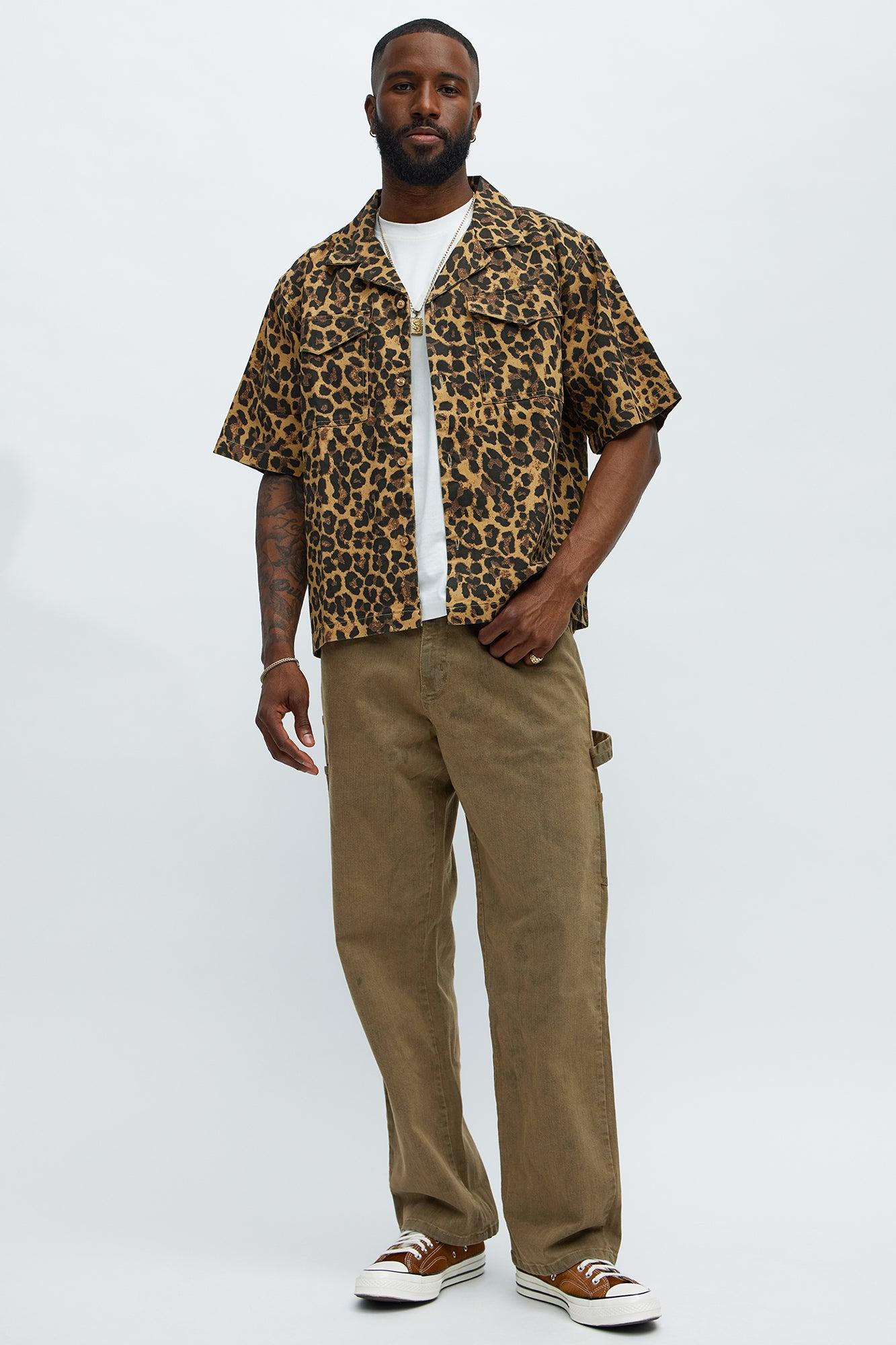 Cuban Collar Cheetah Print Button UpShirt - Tan/Multi Product Image