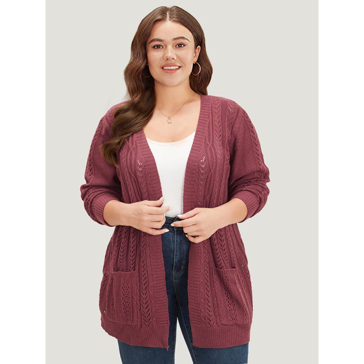 Plus Size Solid Patched Pocket Geo Eyelet Open Front Cardigan Maroon Women Casual Loose Long Sleeve Everyday Cardigans BloomChic 30/6X Product Image