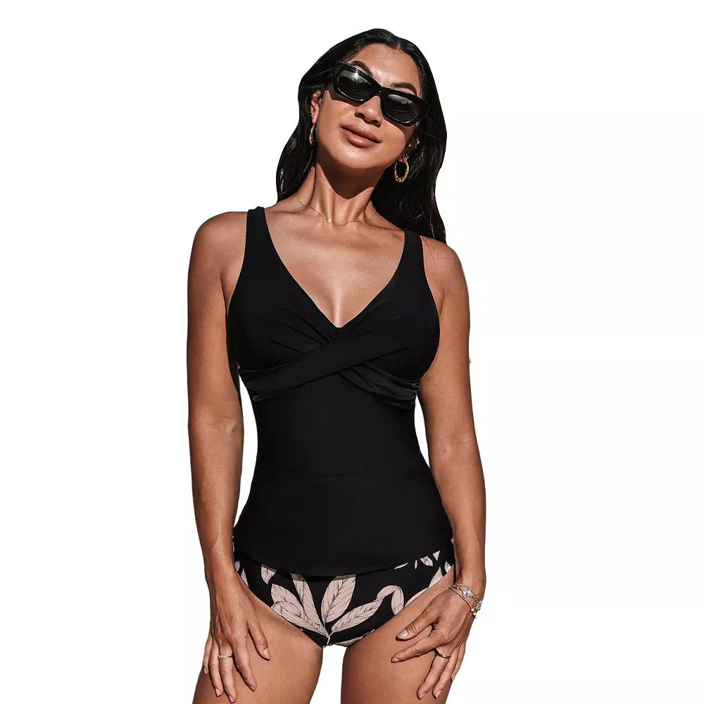 Women's Cupshe 2-Piece Black Wrapped Tankini Swim Top & Tropical Mid-Rise Swim Bottoms Set,  Product Image