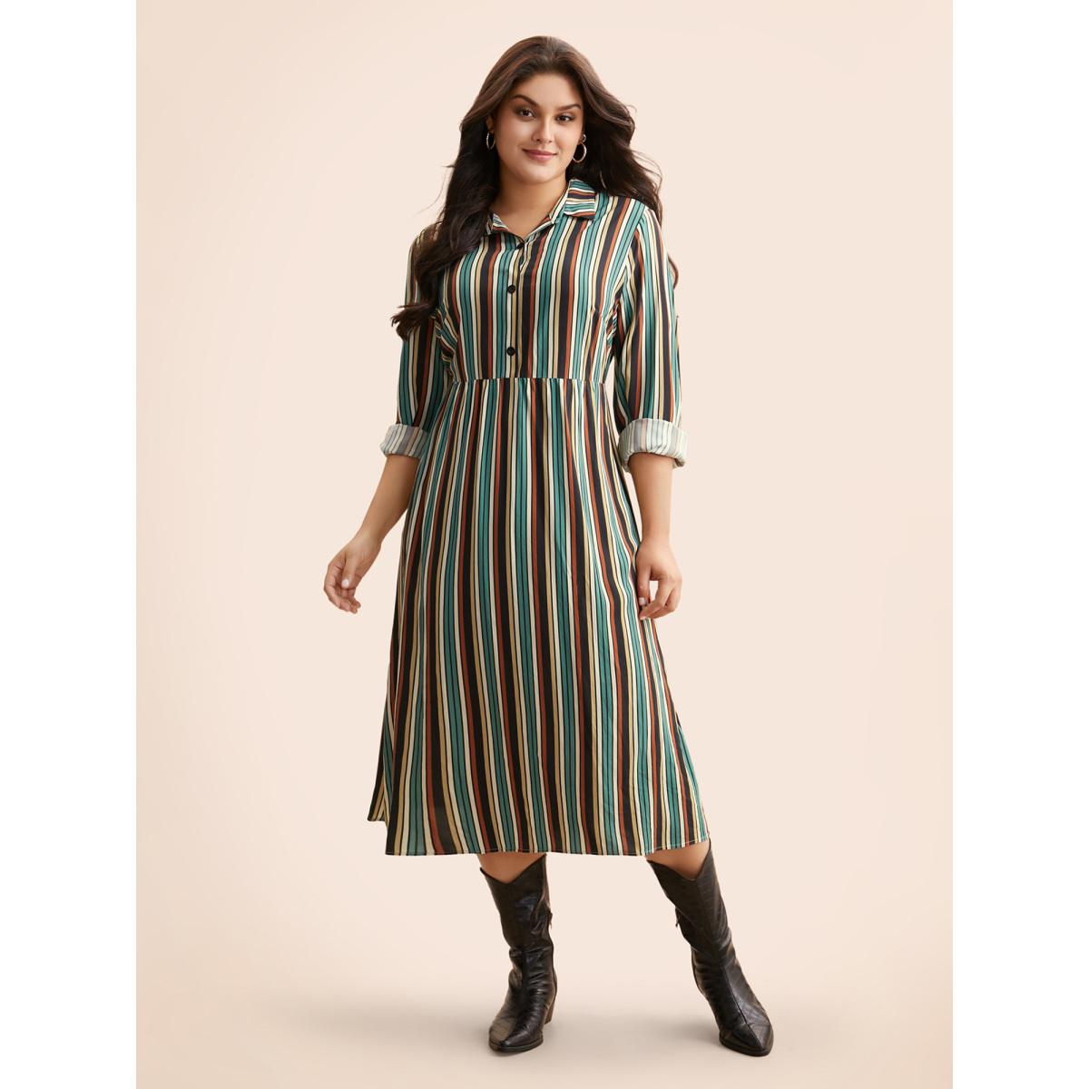 Plus Size Shirt Collar Contrast Striped Midi Dress Multicolor Women Leisure Button Shirt collar Long Sleeve Curvy BloomChic 10/M Product Image
