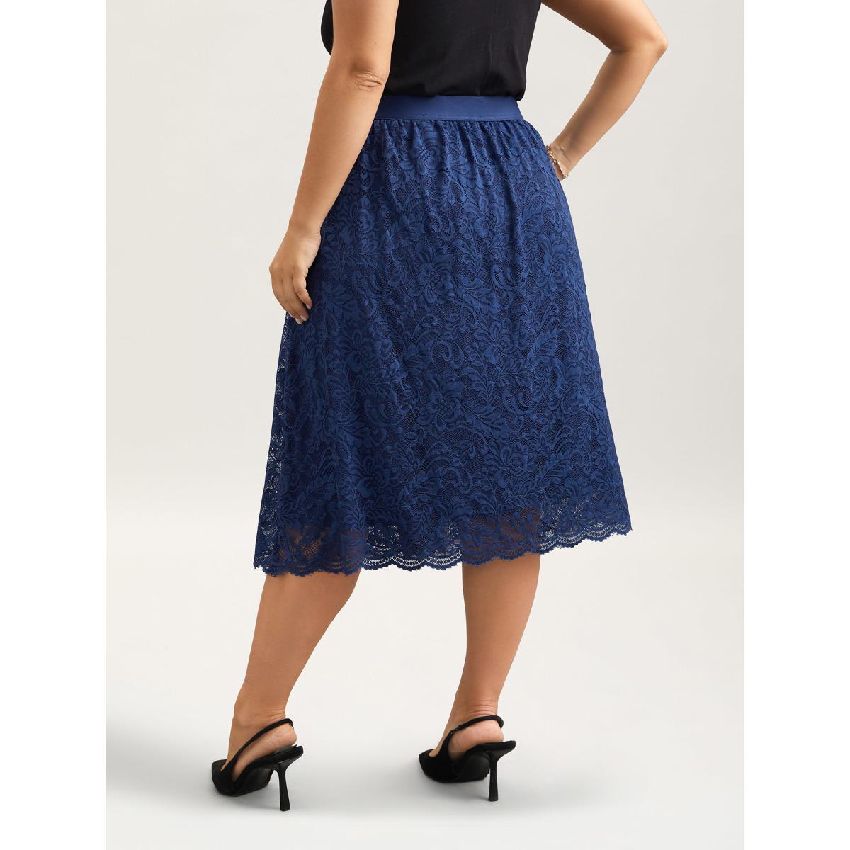 Plus Size Stretchy-Waist Pleated Lace Midi Skirt Women Indigo Elegant Tiered Low stretch Side seam pocket Everyday Skirts BloomChic 30/6X Product Image