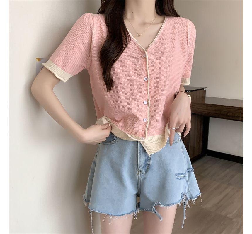 Short-Sleeve V-Neck Two Tone Cardigan Product Image