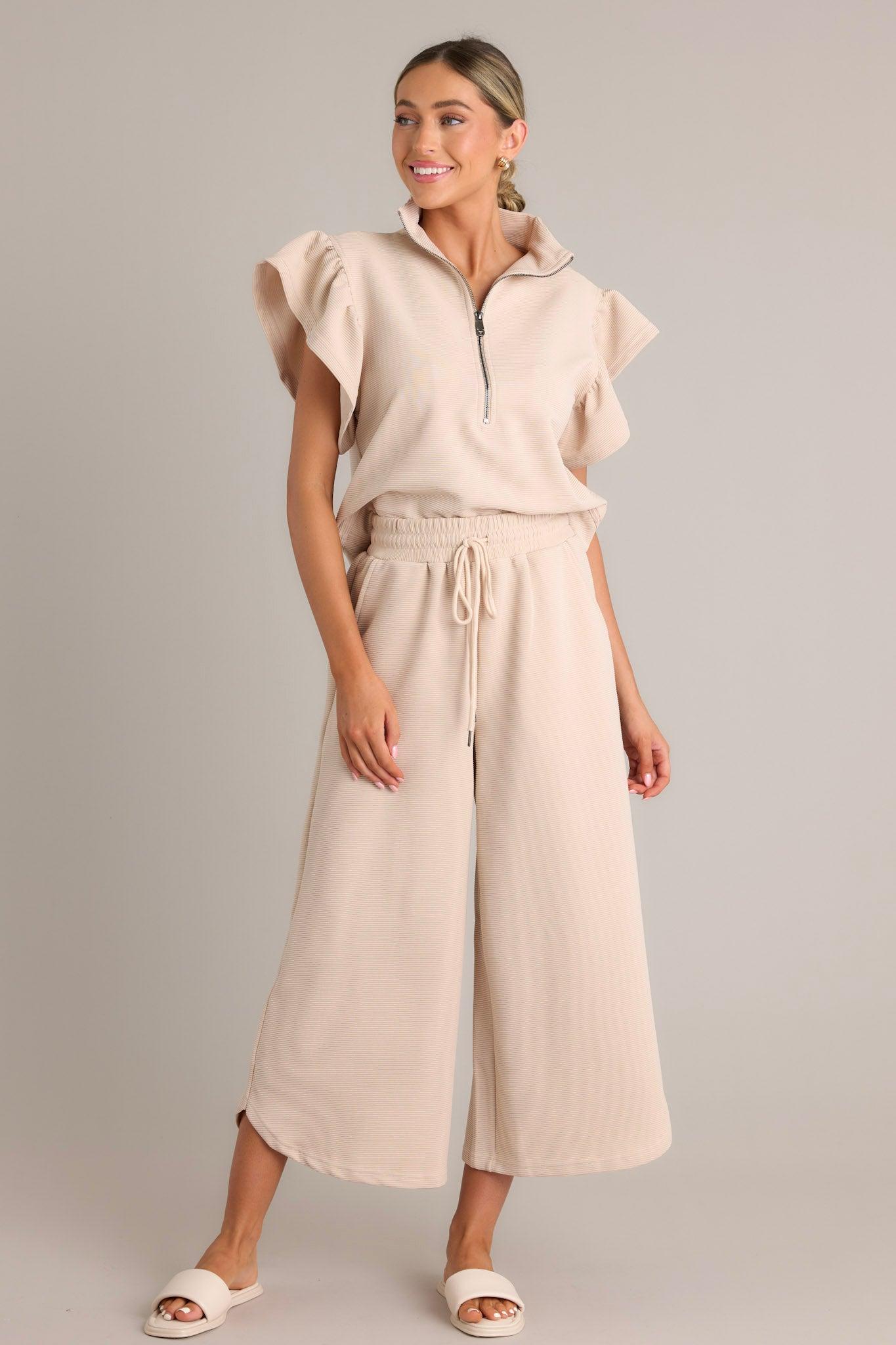 Sand Dune Tan Ribbed Wide Leg Pants Product Image
