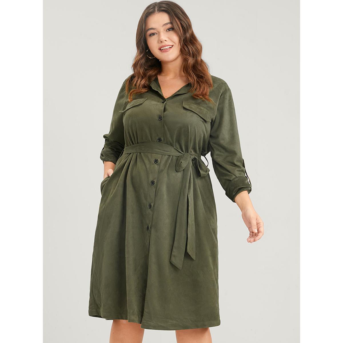 Plus Size Solid Cuffed Sleeve Pocket Button Down Belted Coat Women ArmyGreen Casual Belted Ladies Dailywear Winter Coats BloomChic 14-16/1X Product Image