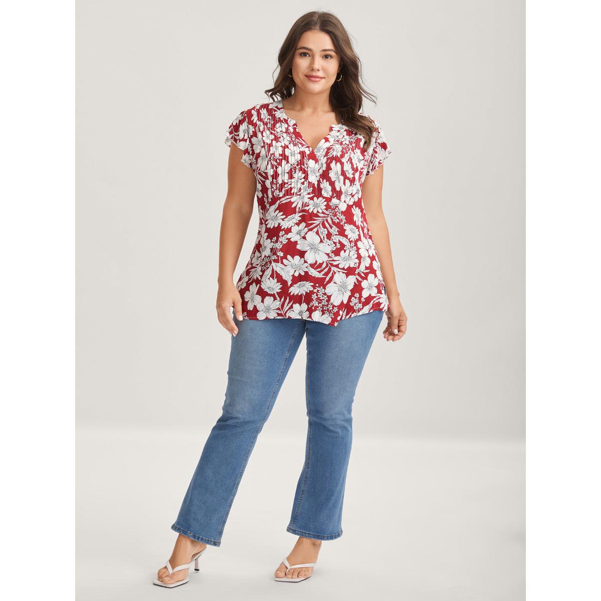 Plus Size Scarlet Silhouette Floral Toothpick Pleat Blouse Women Timeless Cap Sleeve Flat collar with V-notch Elegant Blouses BloomChic 30/6X Product Image